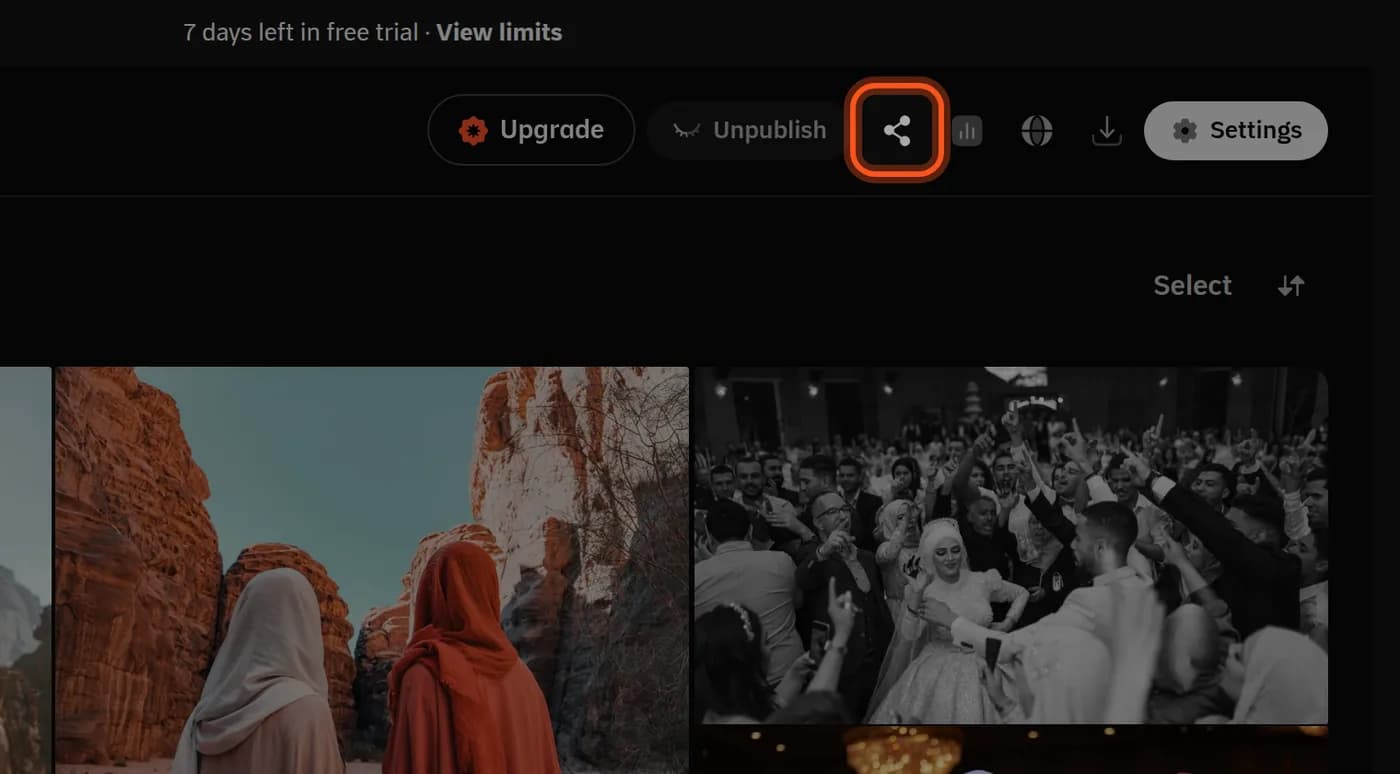 The top of the album page, with the share icon highlighted