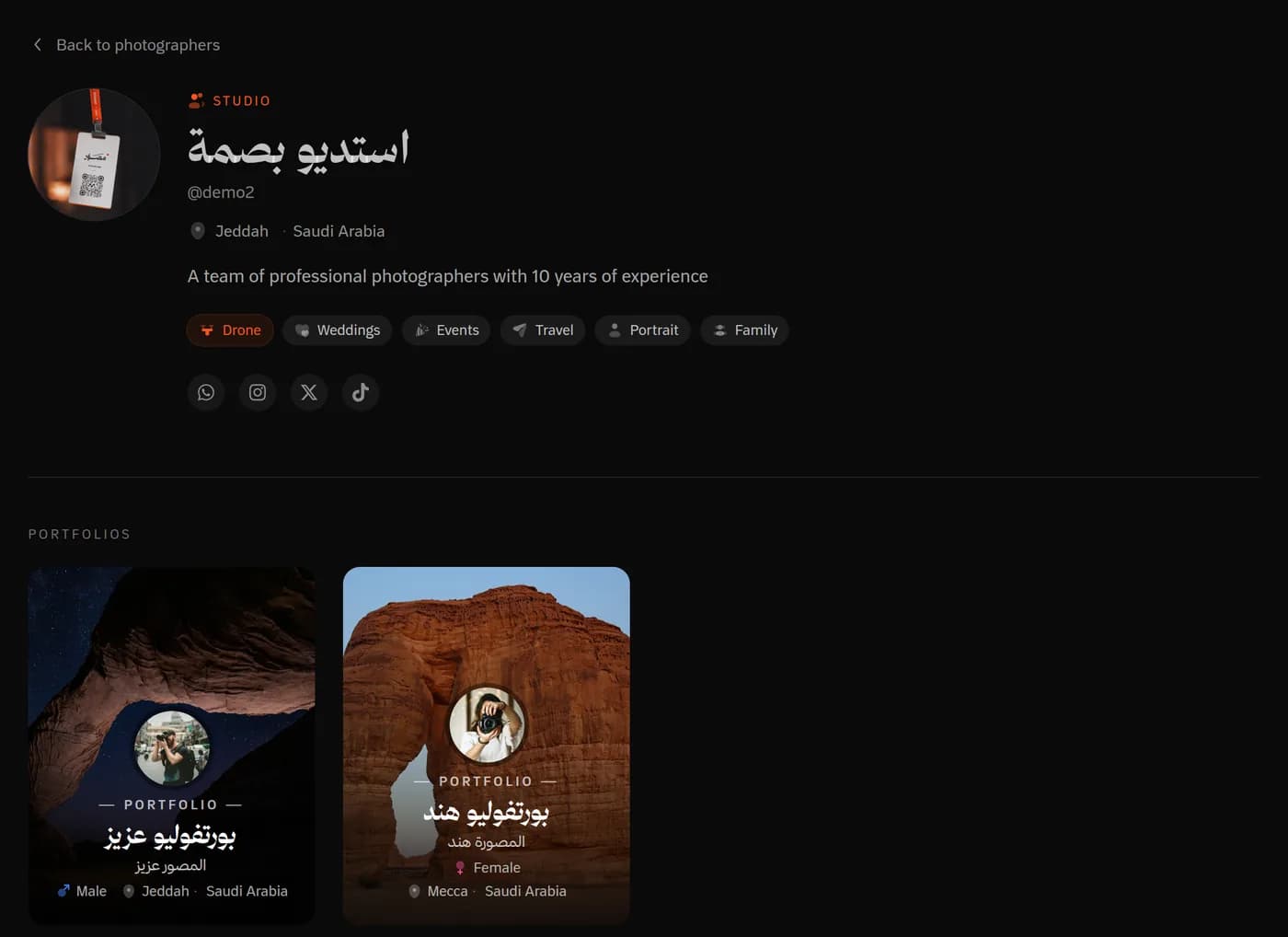 A studio's directory profile: bio, specialties, contact icons and portfolio sites