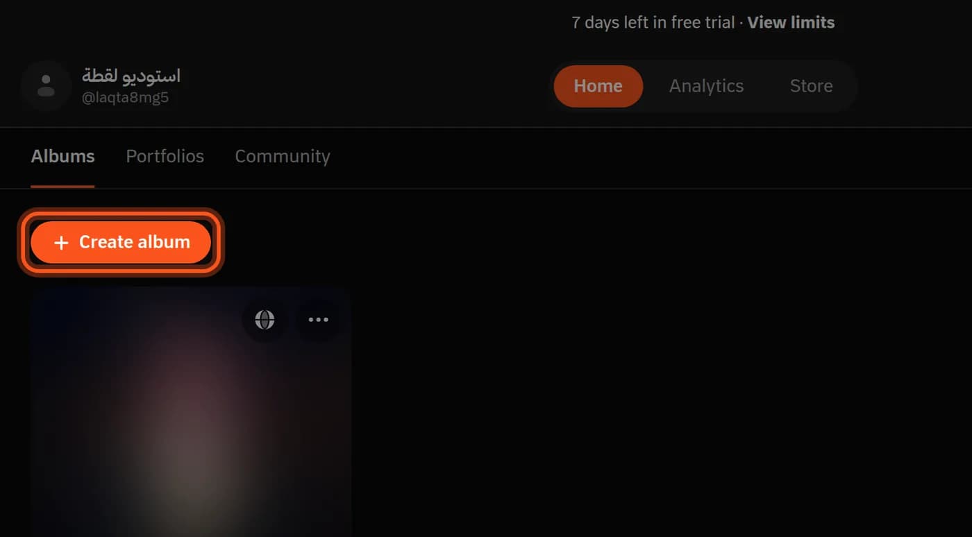 The dashboard, with the Create album button highlighted