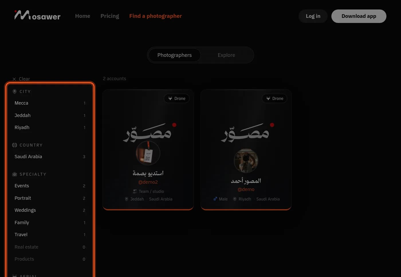 The Find a photographer page, with the filter column highlighted next to the photographer cards