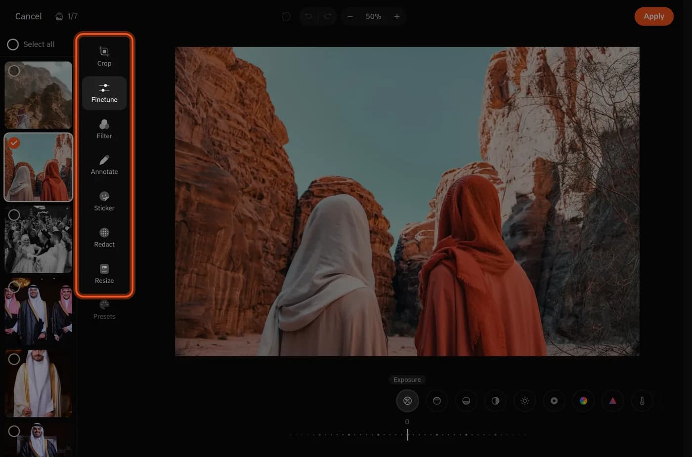 The photo editor, with its tool column highlighted