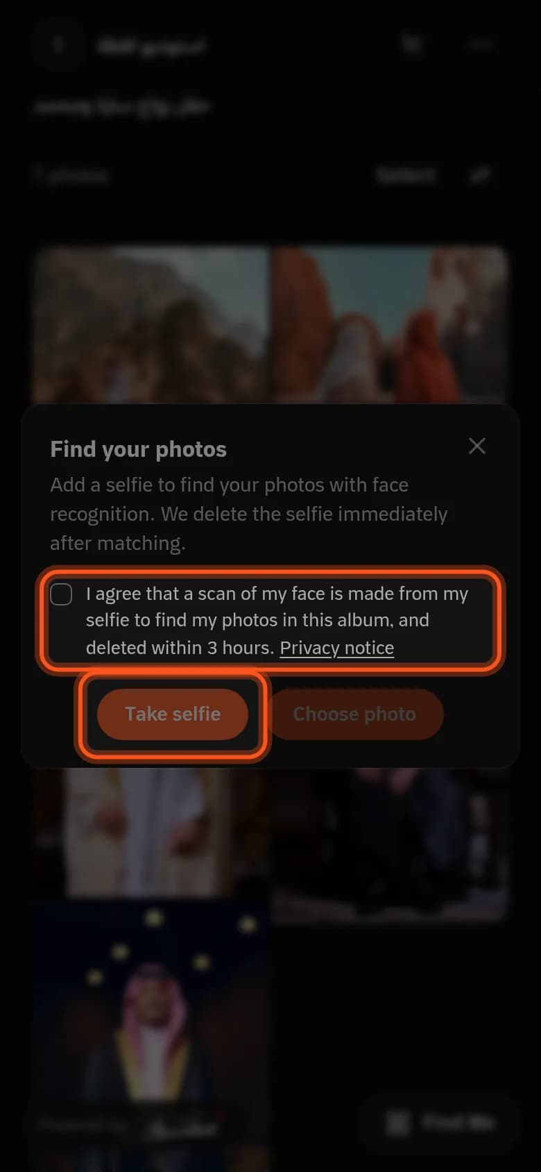 The Find your photos window with the consent box and the Take selfie and Choose photo buttons