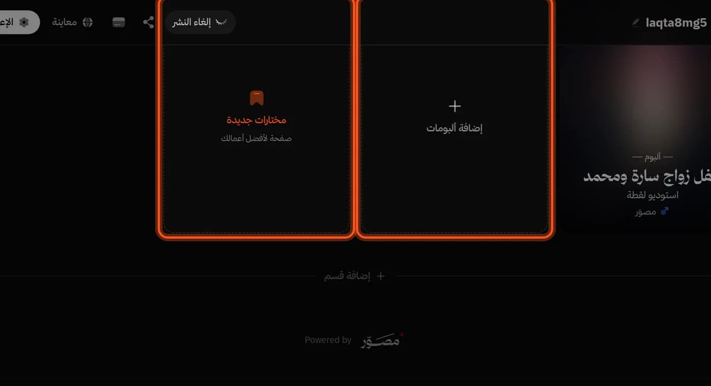 قسم الألبومات في المحرر، وبطاقتا «مختارات جديدة» و«إضافة ألبومات» محددتان