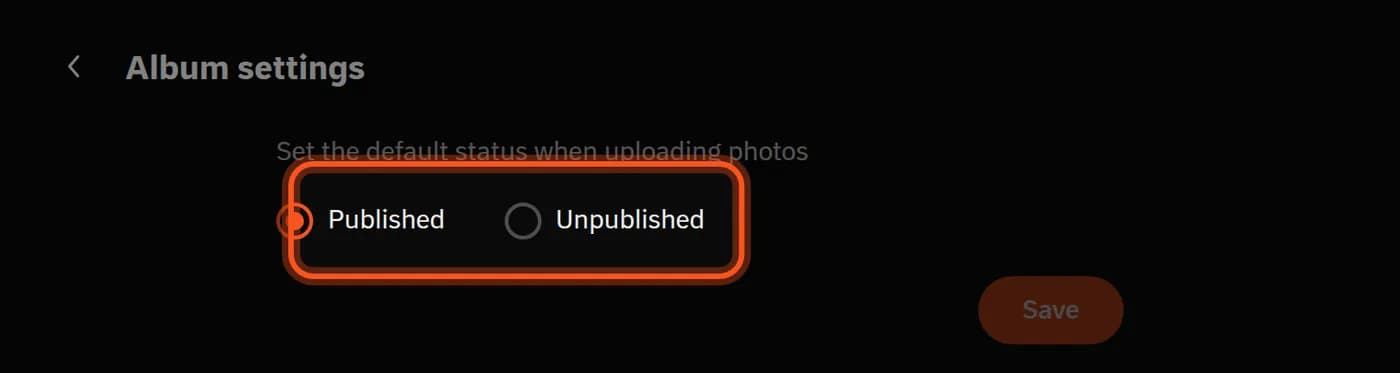 The Default status tab, with the Published and Unpublished choices highlighted