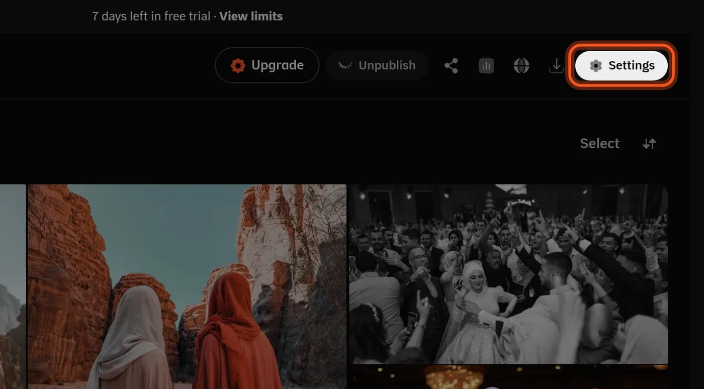 The top of the album page, with the Settings button highlighted