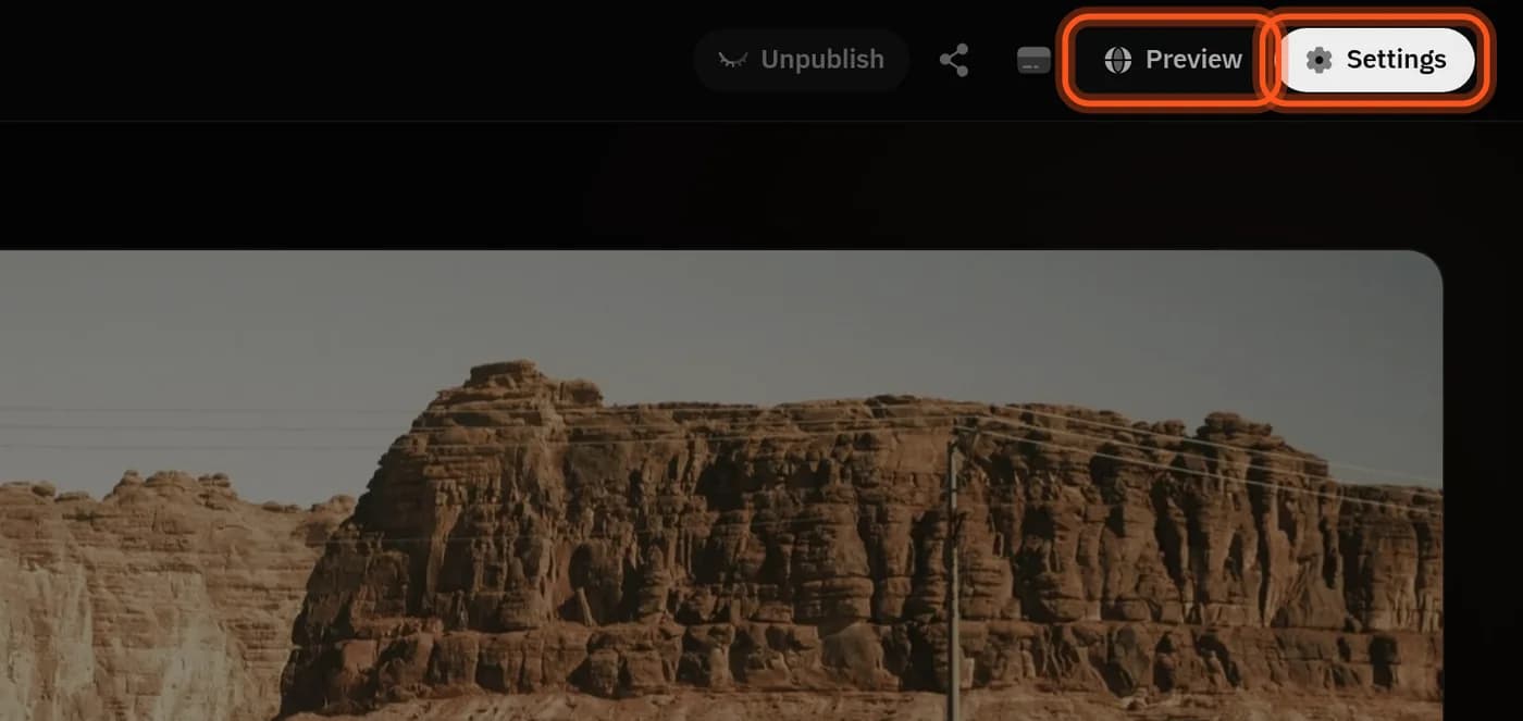 The top of the portfolio editor, with the Settings and Preview buttons highlighted